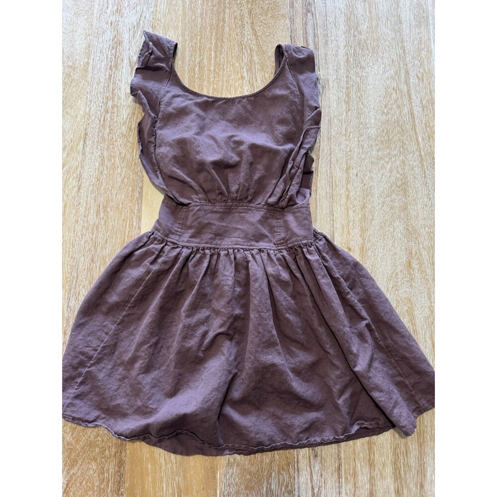 Free People Erin Dress XS Plum Purple Brown Linen Ruffle Back Tie Mini Boho
